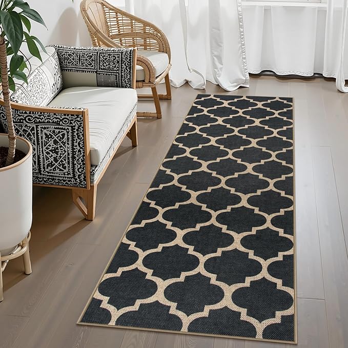 Lahome Moroccan Easy Jute Runner Rug, Black Washable Runner Rugs for Outdoor Porch Hallway, Geometric Trellis Woven Long Carpet for Doorway, Thin Non Slip Outdoor Decor, 2'6'' x 8'