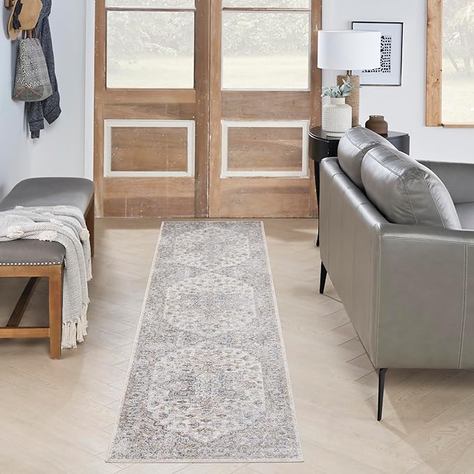 Nourison Home Astra Machine Washable Silver Grey 2' x 6' Area Rug - Easy Clean, Non Shedding, Bed Room, Living Room, Dining Room, Kitchen (6' Runner)