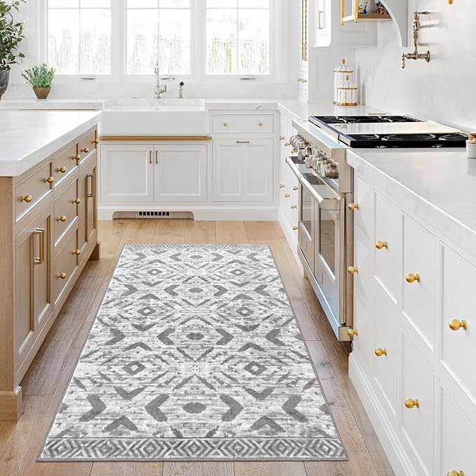 KILOCOCO Boho Entryway Rug 3x5 Area Rug Washable Non Slip Grey Throw Rugs Soft for Kitchen Living Room Dining Bedroom Rugs Geometric Moroccan Carpet