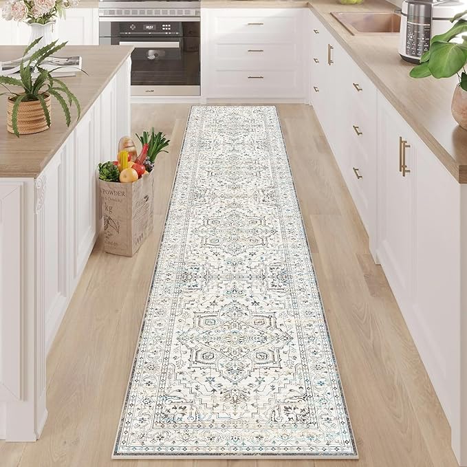 Enkor Runner Rugs for Hallway, 2x10 Washable Soft Non Slip Floor Rugs for Kitchen, Modern Mat for Living Room Bedroom Entryway White & Grey
