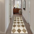 3x8 Runner Checkered Rug for Hallways Brown Washable Long Carpet Non-Slip Low Pile Boho Indoor Accent Throw Rug for Entrance Kitchen Bedroom Dining Laundry