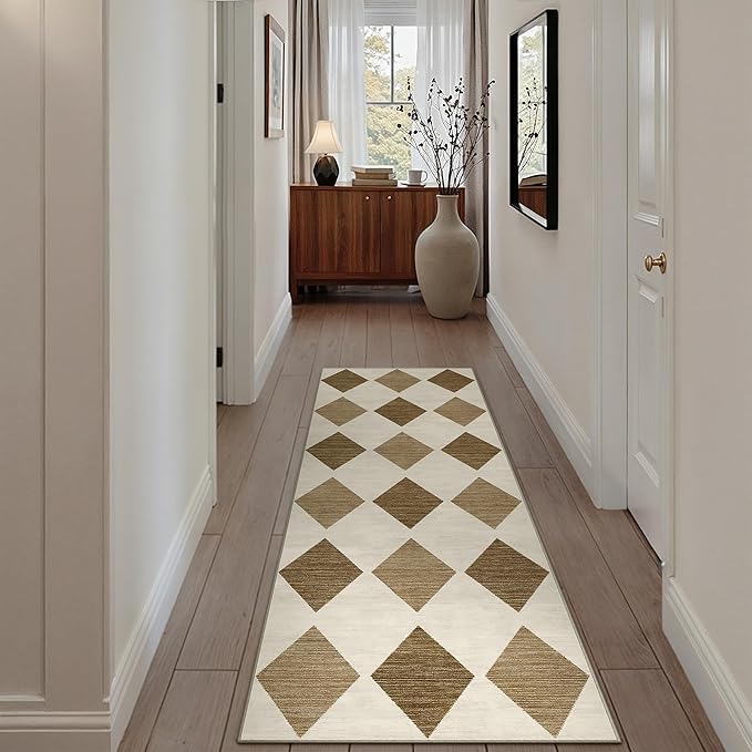 3x8 Runner Checkered Rug for Hallways Brown Washable Long Carpet Non-Slip Low Pile Boho Indoor Accent Throw Rug for Entrance Kitchen Bedroom Dining Laundry