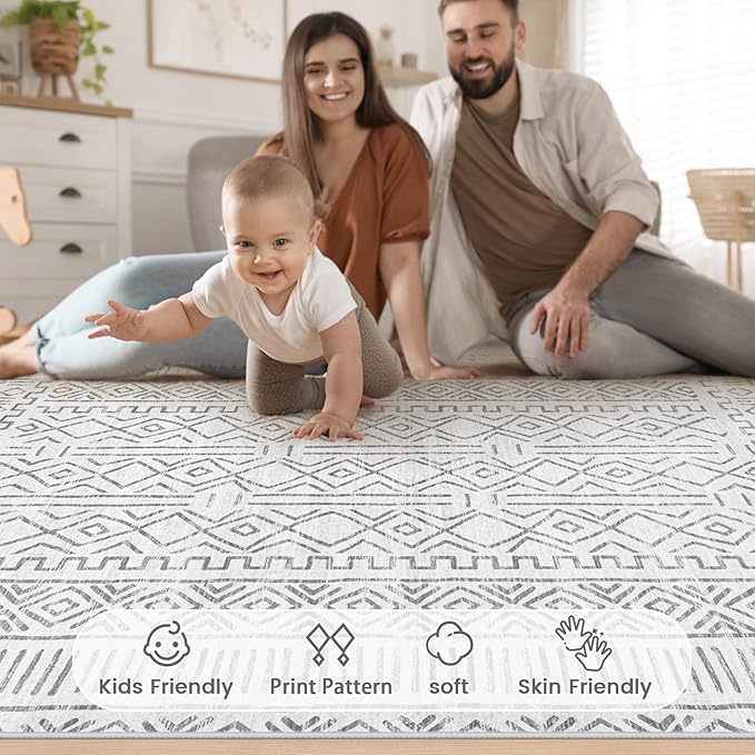 5x7 Area Rug Living Room: Washable Boho Geometric Moroccan Rug Neutral Modern Farmhouse Indoor Soft Non Slip Ultra Thin Printed Pattern Carpet for Dining Room Bedroom Nursery Home (BeigeGray, 5'x7')
