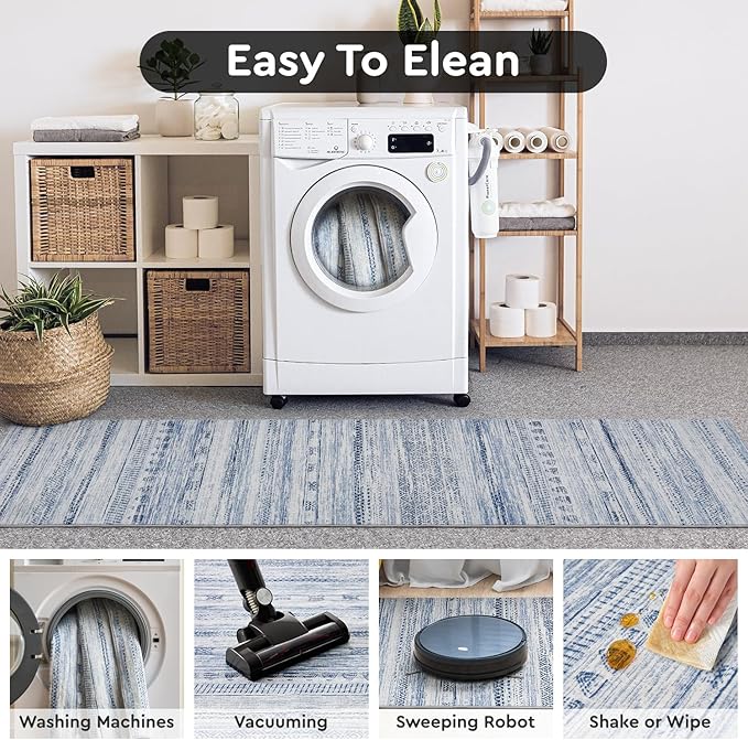 2x6 Runner Rug Machine Washable Non Slip Area Rug Distressed Neutral Moroccan Boho Rug Ultra Soft Floor Runners for Hallways for Entryway Laundry Room Kitchen, Blue