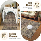 Washable Area Rug 9' x 12' Vintage Traditional Persian Mat - Foldable Distressed Non-Slip Machine Washable Carpet for Living Room Bedroom Kitchen Home Decor - Umber and Slate