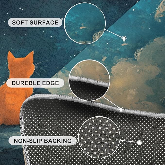 Orange Cat Rugs for Bedroom - 5x7 Area Rug - Cartoon Starry Sky Rugs for Living Room, 3D Cute Cat Rug, Non-Slip Washable Home Decor Carpet
