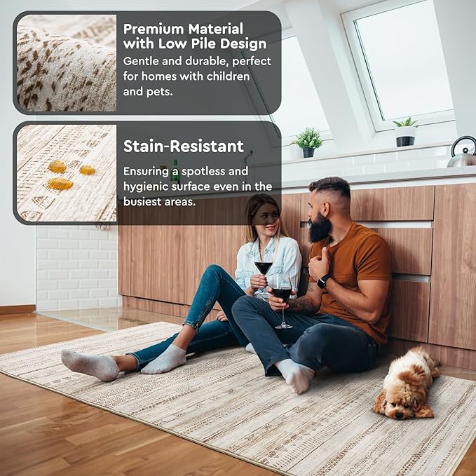 3x5 Area Rug Machine Washable Non Slip Rug Distressed Neutral Moroccan Boho Rug Ultra Soft Indoor Rugs for Bedroom Living Room Entryway Kitchen Foyer Bedside, Light Brown