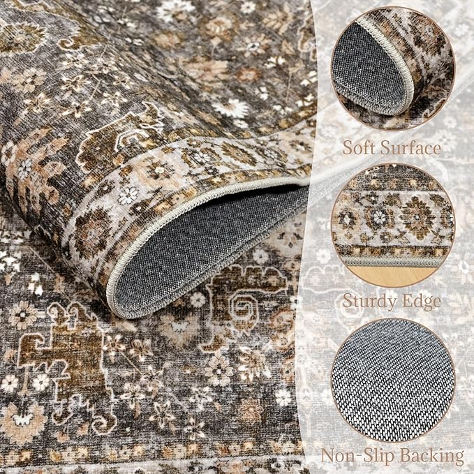 8x10 Washable Area Rugs Ultral Soft Non-Slip Stain Resistant Vintage Boho Large Carpet for High-Traffic Living Room & Dining Room