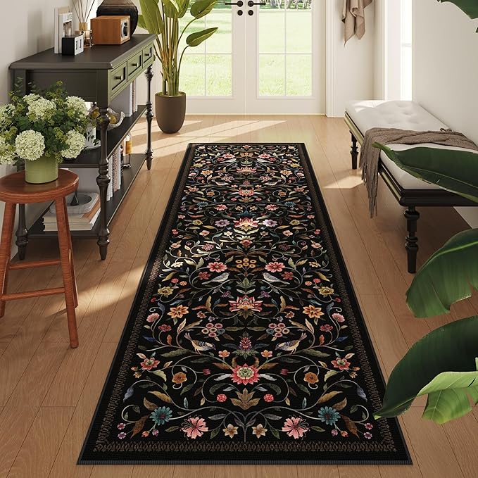 Vintage Medallion Floral Washable Runner Rug 2'7"x8', Non-Slip Low Pile Soft Carpet for Hallways, Laundry, Bedroom, Bathroom, Entryway | Black