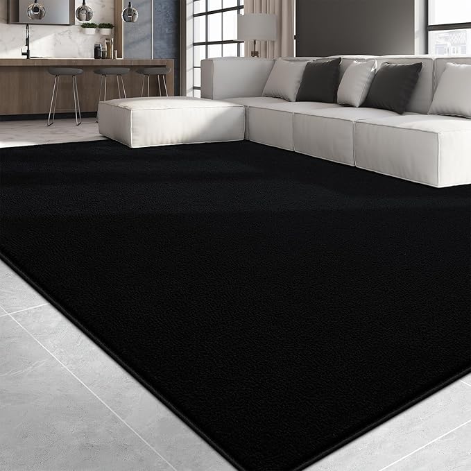 Large Area Rugs for Living Room Bedroom, 7x10 Feet Black Rug, Minimalist Modern Shag Rug, Soft Thick Comfy Memory Foam Indoor Carpet, Non-Slip Washable Rug for Boys Girls Dorm Nursery Room Home Decor