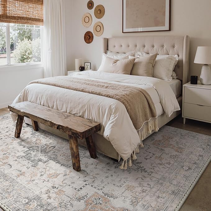 Bavni Washable Rug 4x6 Area Rug for Living Room Bedroom Dining, Washable Vintage Print Carpet, Ultra-Thin Low Pile Lightweight Rug with Non Slip Backing, Light Taupe Brown