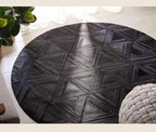 Black Round Rug 9x9 ft – Soft Anti-Slip Modern Faux Leather Area Carpet with Textured Geometric Pattern Rug for Living Room, Bedroom, Dining, Kids Room, Playroom, Lounge & Home Decor