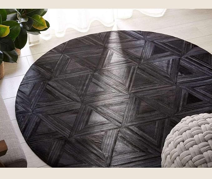 Black Round Rug 5x5 ft – Soft Anti-Slip Modern Faux Leather Area Carpet with Textured Geometric Pattern Rug for Living Room, Bedroom, Dining, Kids Room, Playroom, Lounge & Home Decor