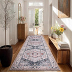 PURRUGS Vintage Farmhouse Boho Runner Rug 2'6" x 8', Non-Slip Machine Washable Rug, Accent Area Rug for Kitchen, Hallway, Entryway, Bedroom, Living Room and Dining Room, Coral Red/Marine Blue