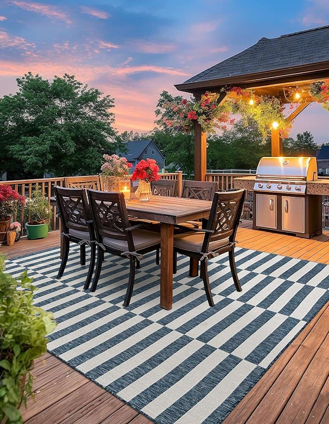 Unique Loom Outdoor Striped Collection Area Rug - Striped (7' 10" Square Blue/Ivory)