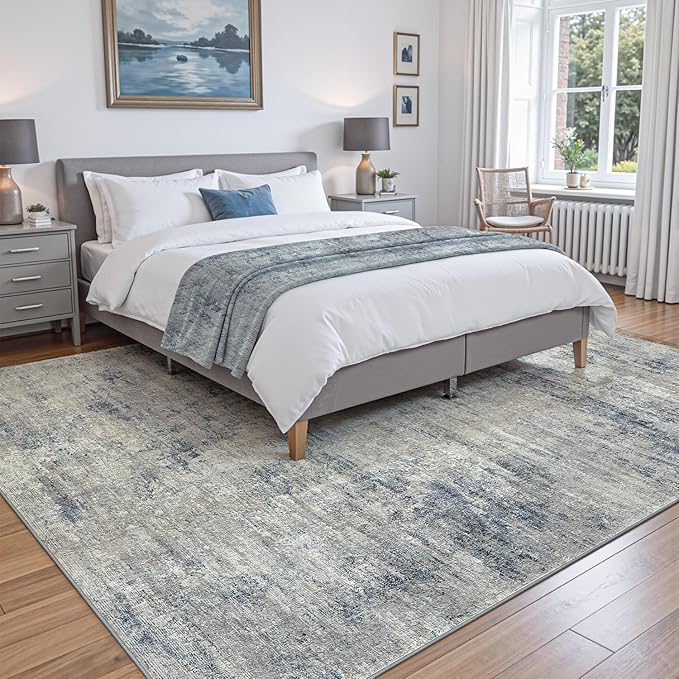 DEXI 8x10 Area Rug for Living Room, Modern Abstract Thin Washable Rug Indoor Floor, Non Slip Stain Resistant Low Pile Carpet for Dining Room Bedroom Office, Blue