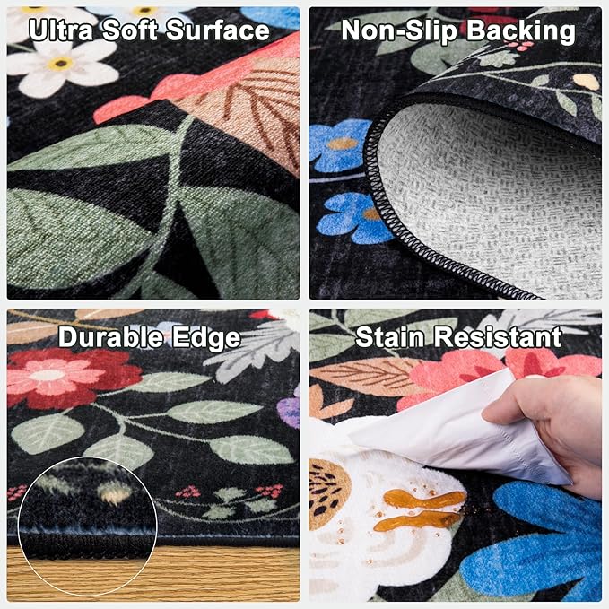 Area Rug Living Room Rugs: Floral 5x7 Washable Rug Vintage Soft Boho Non-Slip Carpet Indoor Floor Stain Resistant Large Carpets for Bedroom Dining Room Farmhouse Nursery Hallway Home Office Black