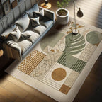 Ambesonne Mid Century Modern Boho Decorative Rug, Monstera Leaf Geometric Grid Ornaments and Circles, Quality Carpet for Bedroom Dorm and Living Room, 2' 2" x 3' 7", Tan Ginger and Laurel Green