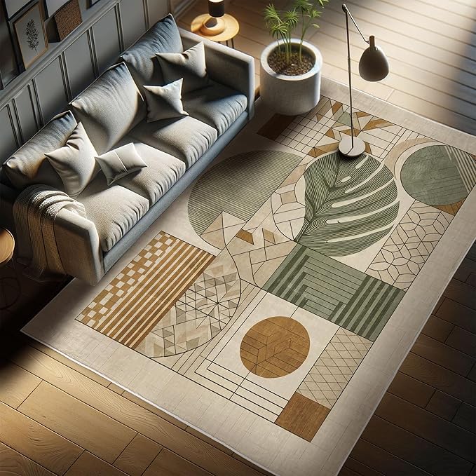 Ambesonne Mid Century Modern Boho Decorative Rug, Monstera Leaf Geometric Grid Ornaments and Circles, Quality Carpet for Bedroom Dorm and Living Room, 2' 2" x 3' 7", Tan Ginger and Laurel Green