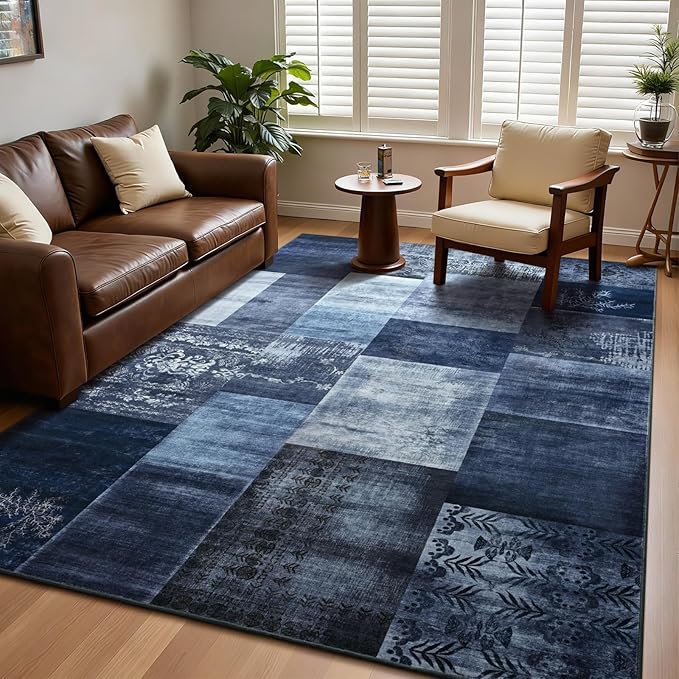 DweIke Washable Area Rugs for Living Room, 6x9 Large Bedroom Rugs, Geometric Print Non Slip Low Pile Indoor Throw Carpets for Bedroom Apartment Dining Room Home Office Hardwood Floor, Navy Blue