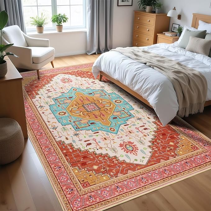 5x7 Orange Pink Area Rug for Living Room, Machine Washable Rugs with Non-Slip Backing for Bedroom, Vintage Medallion Carpet Dining Room Office Kids Room Decor