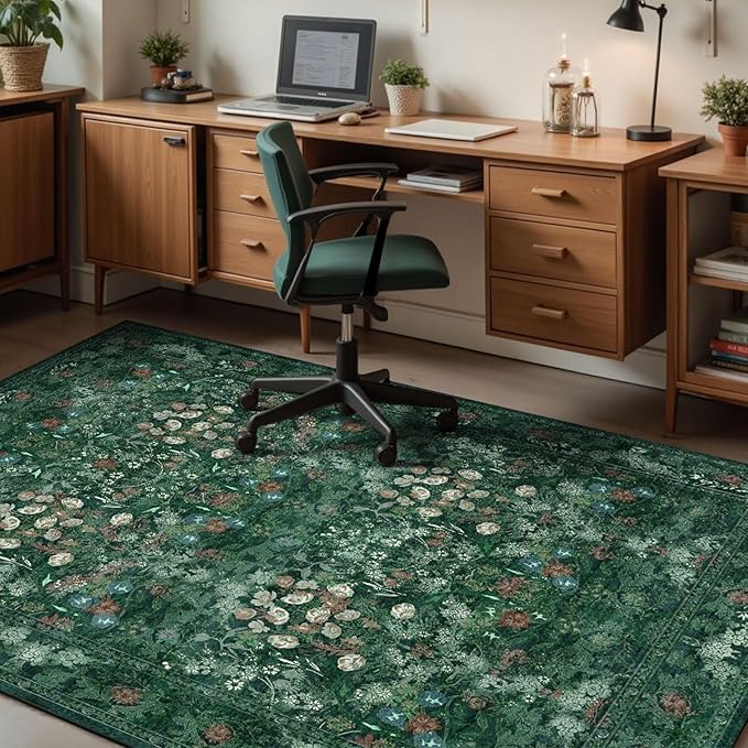 Green Boho Floral 3x5 Rugs for Large Entryway, Farmhouse Botanical Washable Area Rug for Dorm, Bedroom Bedside, Foyer, Kitchen, Laundry - Cottagecore Distressed Carpet, Low Pile Non Slip Mat