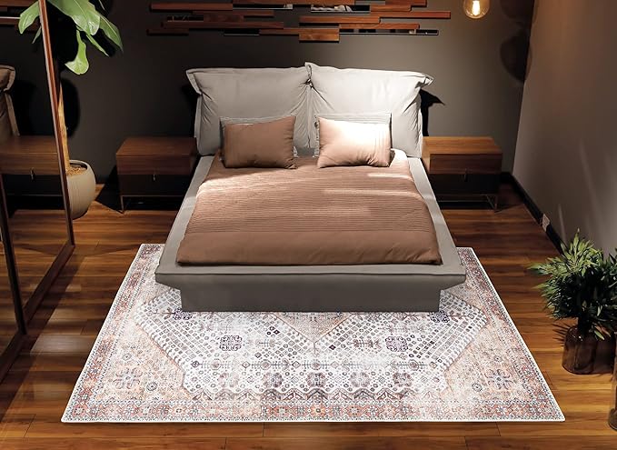 Bloom Rugs Washable Non-Slip 6' x 9' Rug - Sand/Orange/Purple Traditional Medallion Area Rug for Living Room, Bedroom, Dining Room, and Kitchen - Exact Size: 6' x 9'