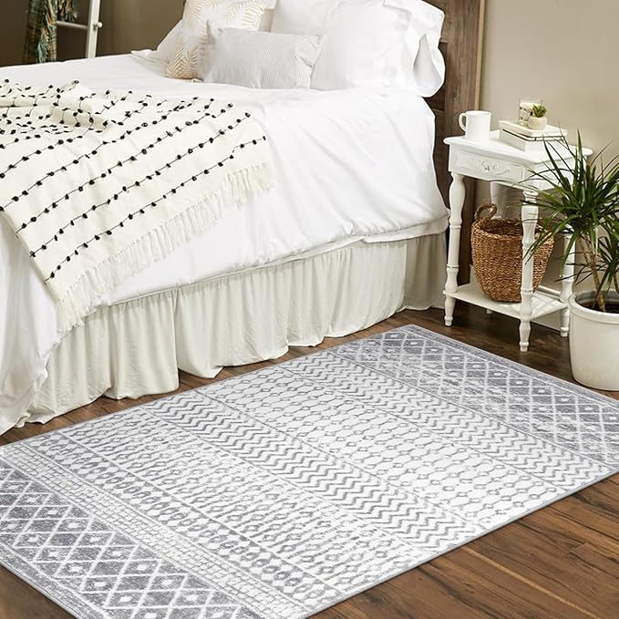 Boho Rug for Bedroom, 3x5 Moroccan Vintage Non-Slip Backing Faux Wool Area Rug, Machine Washable Low-Pile Front Door Mat Kitchen Rugs for Living Room Laundry Dinning Room
