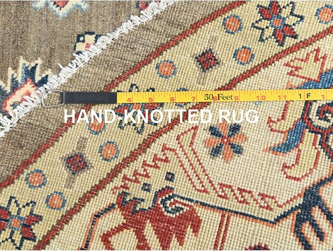 Taupe Brown Special Kazak with All Over Pattern Natural Dyes Organic Wool Hand Knotted Round Oriental Rug (9'x9')
