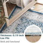 jinchan Floral 6x9 Area Rug for Living Room - Machine Washable Vintage Distressed Boho Design Throw Rug Stain Resistant Carpet Low-Pile Thin Non-Slip for Bedroom Dining Room Nursery (6‘x9', Dark Blue)