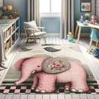 Ambesonne Elephant Decorative Rug, Modern Birds with Plaid Detail and Clouds Floral Ornate Olifant Print, Quality Carpet for Bedroom Dorm and Living Room, 2' x 5', Pastel Pink Grey Yellow