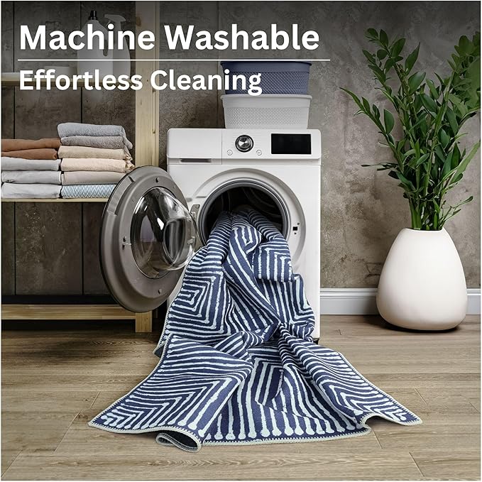 Bloom Rugs Washable Non-Slip 4' x 6' Rug - Blue Striped Area Rug for Living Room, Bedroom, Dining Room, and Kitchen - Exact Size: 4' x 6'