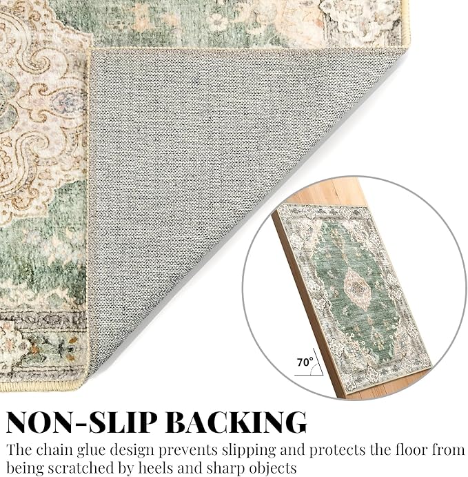 MUJOO Boho Rug 3'x5' Area Rug Small Green Rug Vintage Machine Washable Rugs for Entryway Bedroom Bedside Kitchen Hallway Living Room Laundry Room Indoor Mat Non Slip Soft Low-Pile Floral