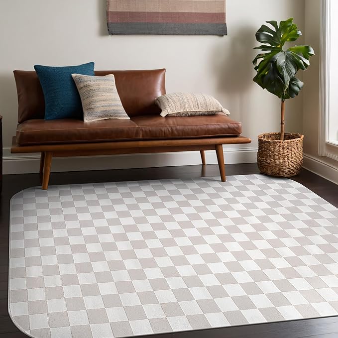 Beverly Rug Modern Geometric Area Rug 6x9 Low-High Pile Durable Soft Abstract Checkered Indoor Rugs for Living Dining Room Office Stain Resistant Non Shedding Casual Indoor Carpet Beige White 6 x 9