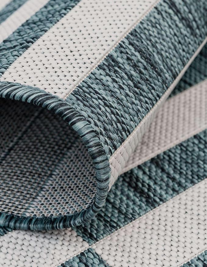 Unique Loom Outdoor Striped Collection Area Rug - Striped (4' 1" Round, Teal/Ivory)