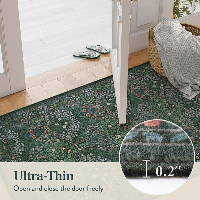 Lahome Floral Entryway Rug, 2x3 Kitchen Rugs Non Slip Washable Boho Green Forest Design, Soft Door Mat Indoor Entrance, Ultra-Thin Easy Clean Small Throw Carpet for Bedroom Bathroom, Dark Green