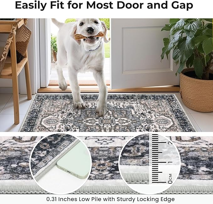 KOZYFLY Area Rug 4x6 Ft Washable Rugs for Entryway Non Slip Faux Wool Printed Throw Rug for Kitchen Bedroom Hallway Living Room Indoor Floor Decoration, Black/Taupe/Beige