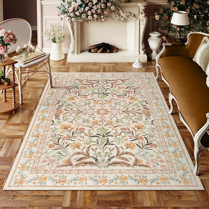 Lahome Fall Boho Washable Area Rugs 5x7 for Bedroom, Bohemian Brown Rugs for Living Room, Soft Floral Thin Carpet for Kids Room Apartment Dorm Home Decor, Ochre Fall