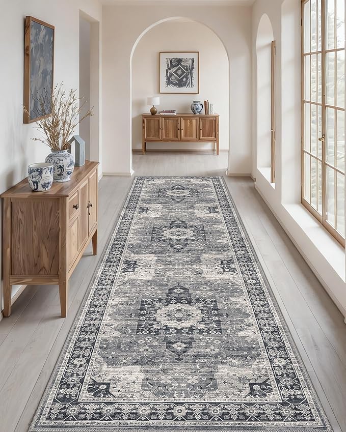 DEXI Hallway Runner Rug 3x8, Distressed Non Slip Runners Carpet, Boho Vintage Soft Thin Indoor Rug, Stain Resistant Washable Entry Mat for Entryway Kitchen Laundry Room Living Room, Blue Grey