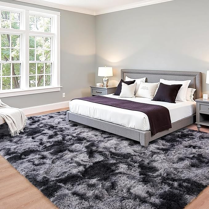 Beglad Fluffy Area Rugs 4x6 Feet, Modern Minimalist Style Shag Rugs, Non-Slip Indoor Carpet Soft Rugs for Bedroom, Living Room & Kids Room, Tie-Dyed Black&Dark Grey