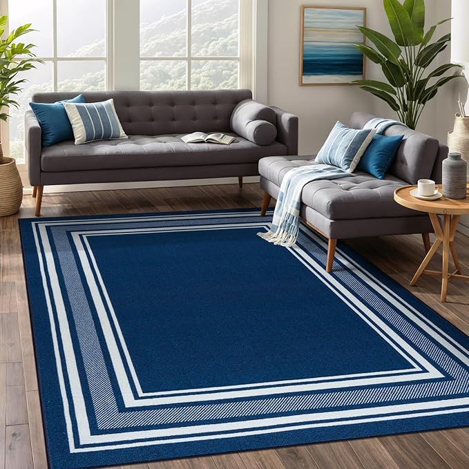 Beverly Rug Non Slip Area Rugs 3x3 Modern Bordered Non Skid Rubber Backing Soft Area Rug for Living Dining Room Easy to Clean Non Shedding Kitchen Bedroom Indoor Carpet 3 x 3 Navy