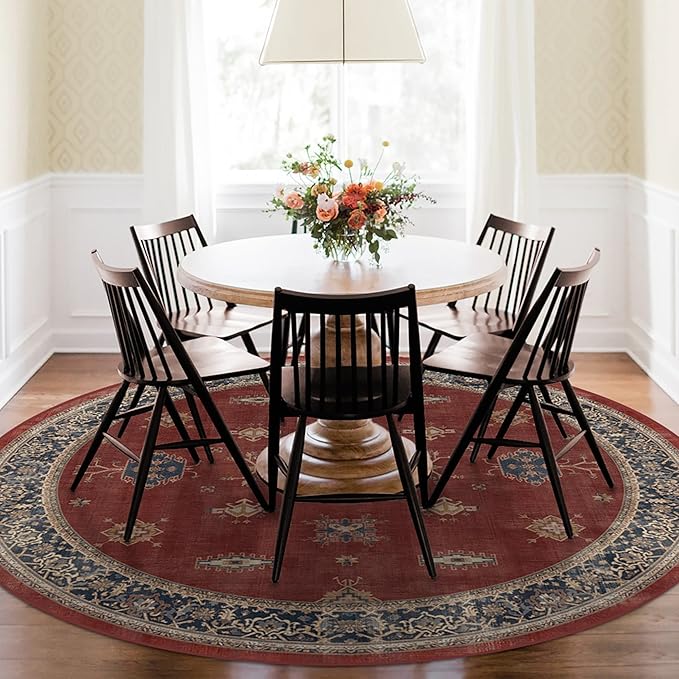 RUGGABLE Washable Vintage Area Rug – Verena Amber Red 8 ft Round, Stain-Resistant, Non-Slip – Large Machine Washable Rugs for Living Room, Bedroom, Hallway, Entryway & Office–with Standard Pad