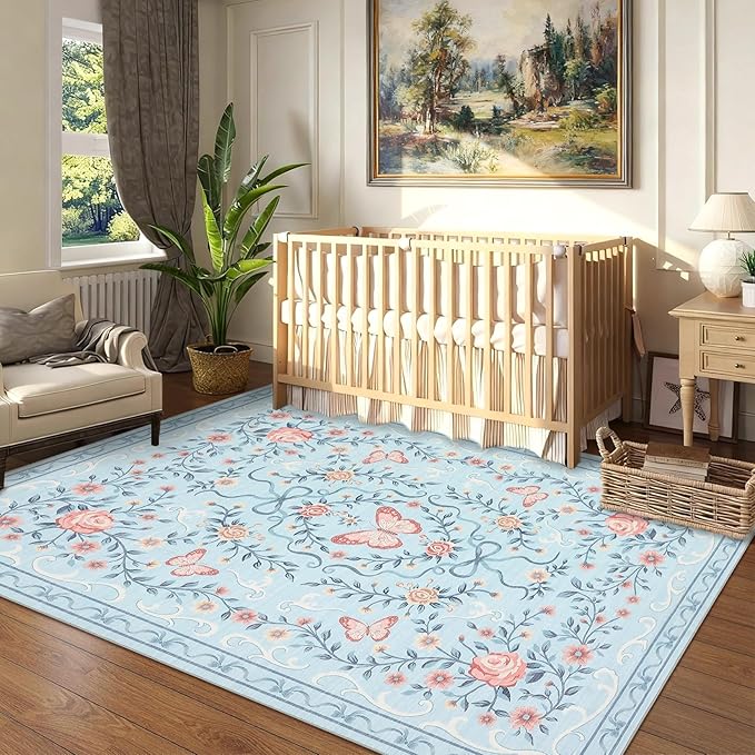 GarveeHome 8x10 Area Rugs for Living Room Washable Rugs Non Slip Stain Resistant Bedroom Floral Rugs Low Pile Soft Dining Room Throw Carpet Blue Bow Large Carpet for Home Office Decor, 8x10