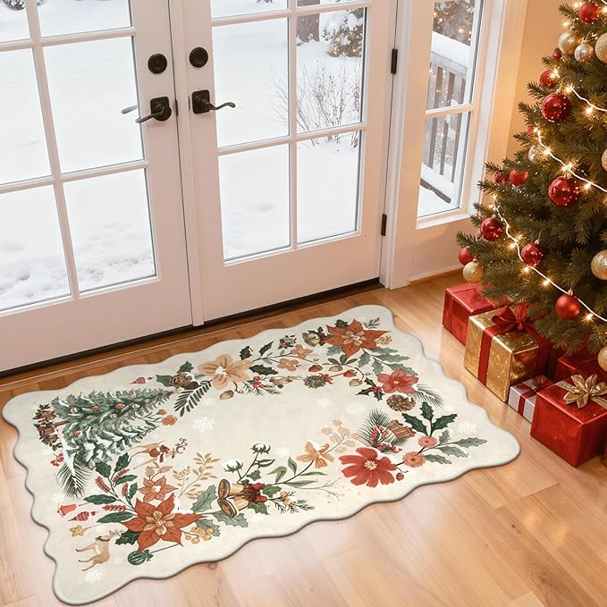 Lahome Floral Christmas Rug, 2x4 Washable Christmas Kitchen Rugs Indoor Ultra-Thin, Soft Christmas Rugs for Entryway Door Mat Holiday Rugs for Bathroom Bedroom, Beige/Multi