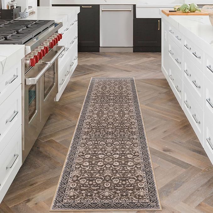 Vintage Floral 2x6 Runner Rug, Mocha Brown Washable Kitchen Runner Rug Non-Slip Hallway Rug Runner Boho Thin Printed Faux Wool Super Soft Carpet for Entryway Bedroom Laundry Room Indoor