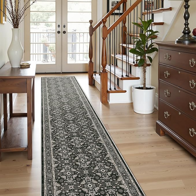 WITSHOCK Black Boho Washable 2x8 Kitchen Runner Rug,Vintage Neutral Hallway Rugs for Entryway,Soft Distressed Floor Mat for Bedroom,Entrance,Indoor Back Door(Black,2x8)