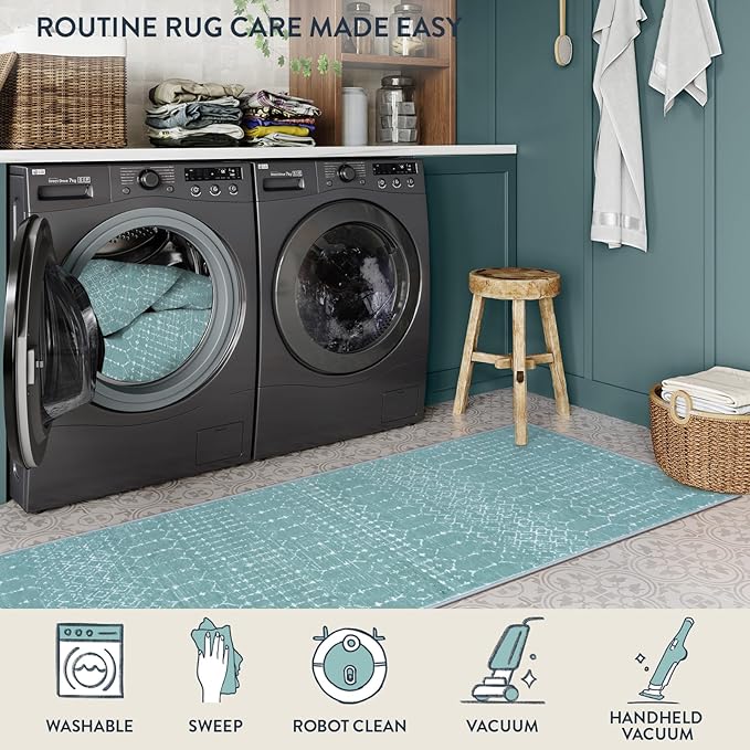 Lahome Moroccan Green Runner Rug 2x6 Washable Non-Slip Hallway Rug Runner Kitchen Throw Untra-Thin Entryway Carpet, Geometric Print Distressed Floor Mat for Hallways Bedroom