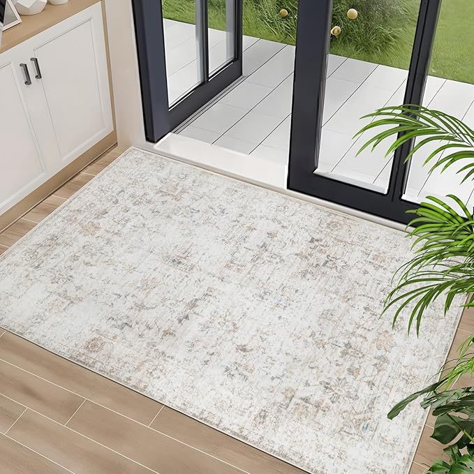 Washable 2×3 Area Rug for Entryway Indoor, Vintage Floral Small Area Rug Soft Non Slip Stain Resistant Boho Carpet for Front Door Dinning Room Kitchen Bedroom Beige