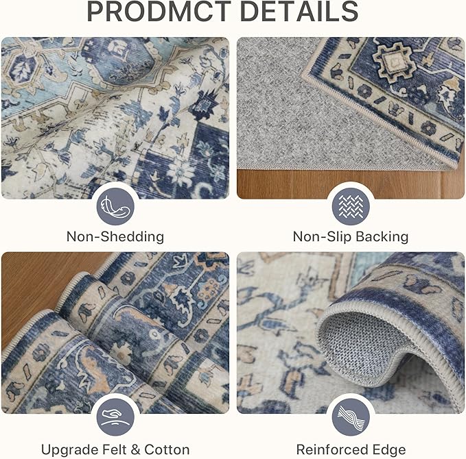 2'6''x8 Runner Rugs for Hallway, Machine Washable Non Slip Vintage Rugs, Low Pile Lightweight Soft Print Rug for enrtyway, Corridor, Home Office, Kitchen, Center Blue