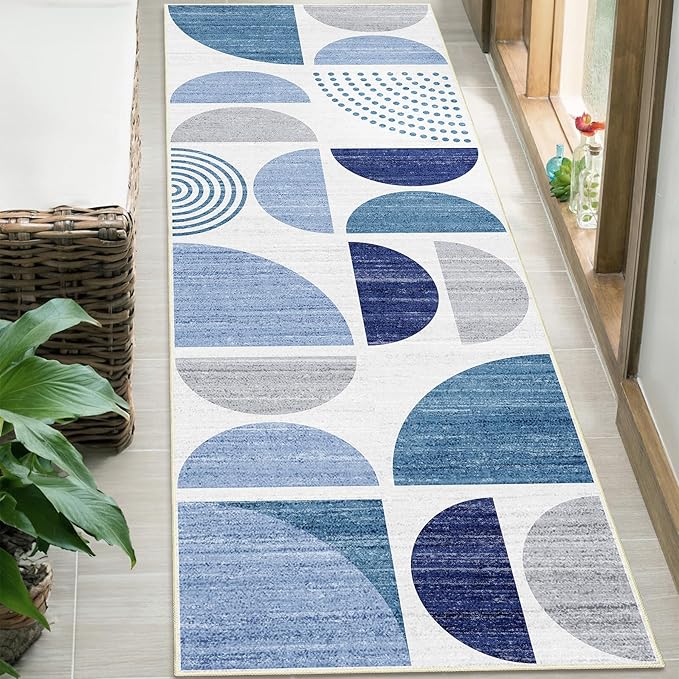 MUJOO Runner Rug Washable,Blue 2x6 Area Rugs for Hallways Kitchen Bathroom Bedroom Entryway,Non Slip Carpet Long Mat Indoor,Boho Soft Modern Abstract Navy Blue